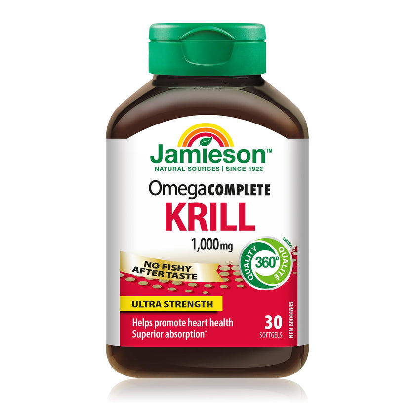 Jamieson Omega Complete Pure Krill Oil, 1000 mg, 30 Softgels, No Fishy Aftertaste, Supports Heart Health, High Potency, Provides Superior Absorption. With Antarctic Krill Oil, Proudly Canadian 🍁 All In One Marketplace Canada