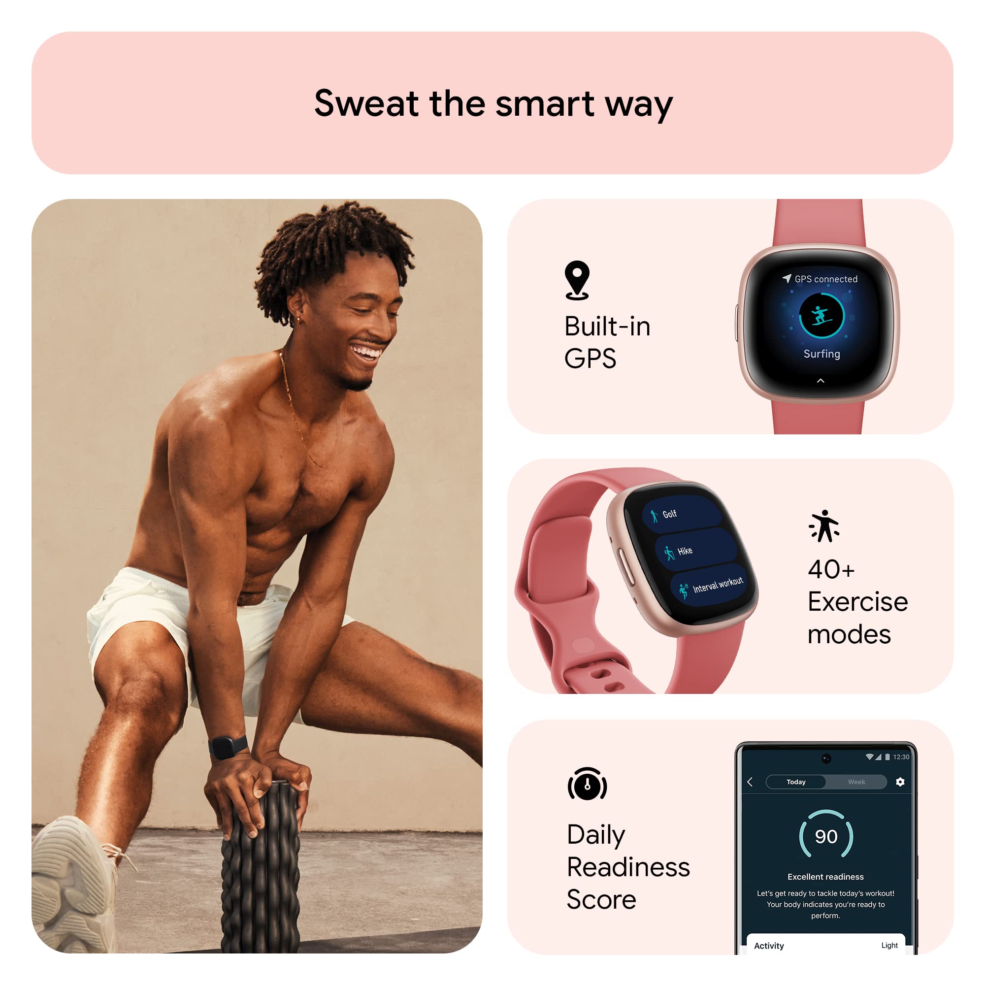 Google Fitbit Versa 4 Fitness Smartwatch with Daily Readiness, Gps, 24/7 Heart Rate, 40+ Exercise Modes, Sleep Tracking and More, Pink Sand/copper Rose, One Size (S and L Bands Included) 🍁 All In One Marketplace Canada