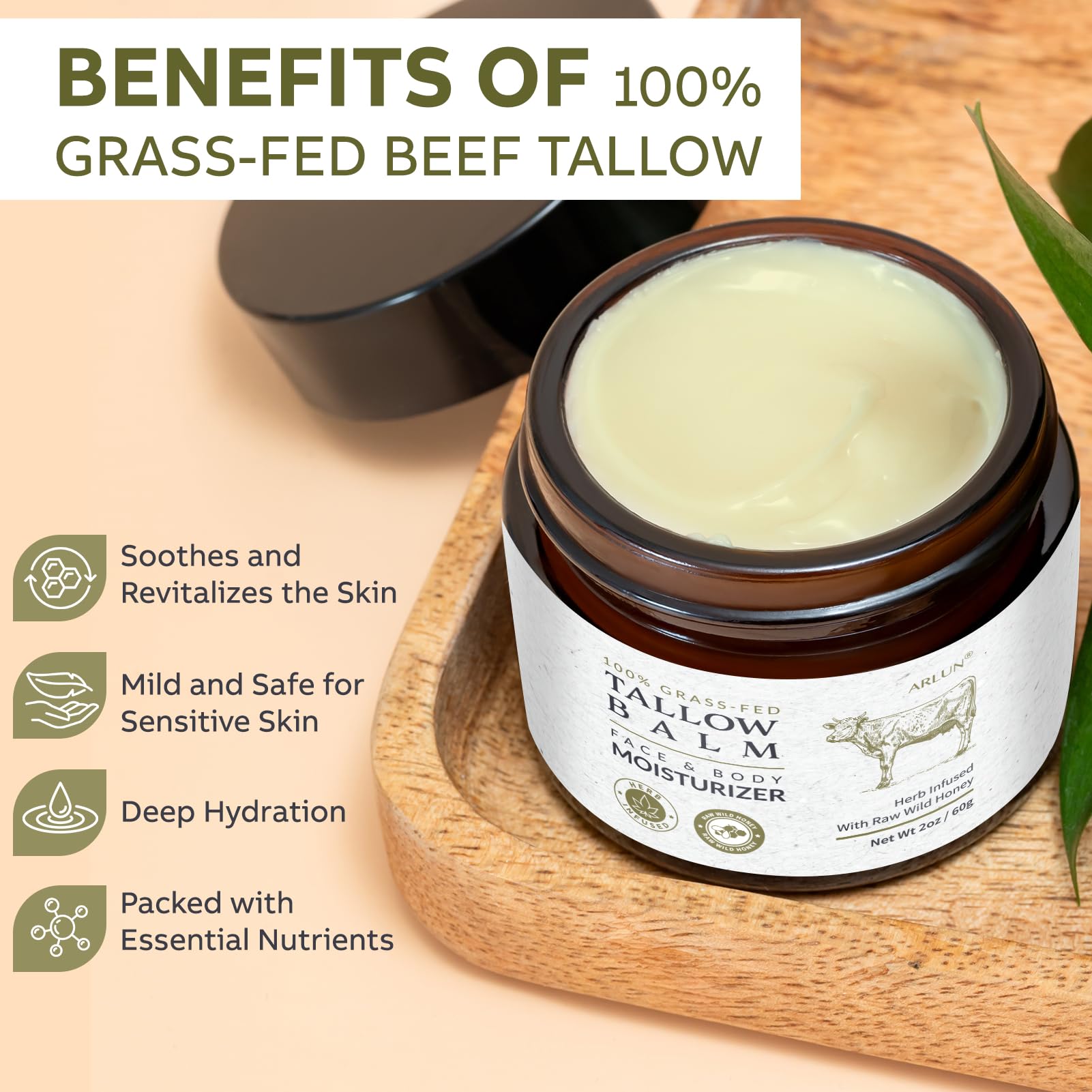 Beef Tallow and Honey Balm for Skin: Whipped Grass Fed Beef Tallow Balm Moisturizer with Raw Honey and Olive Oil for Face and Body - Natural Cow Fat Cream Unscented 🍁 All In One Marketplace Canada
