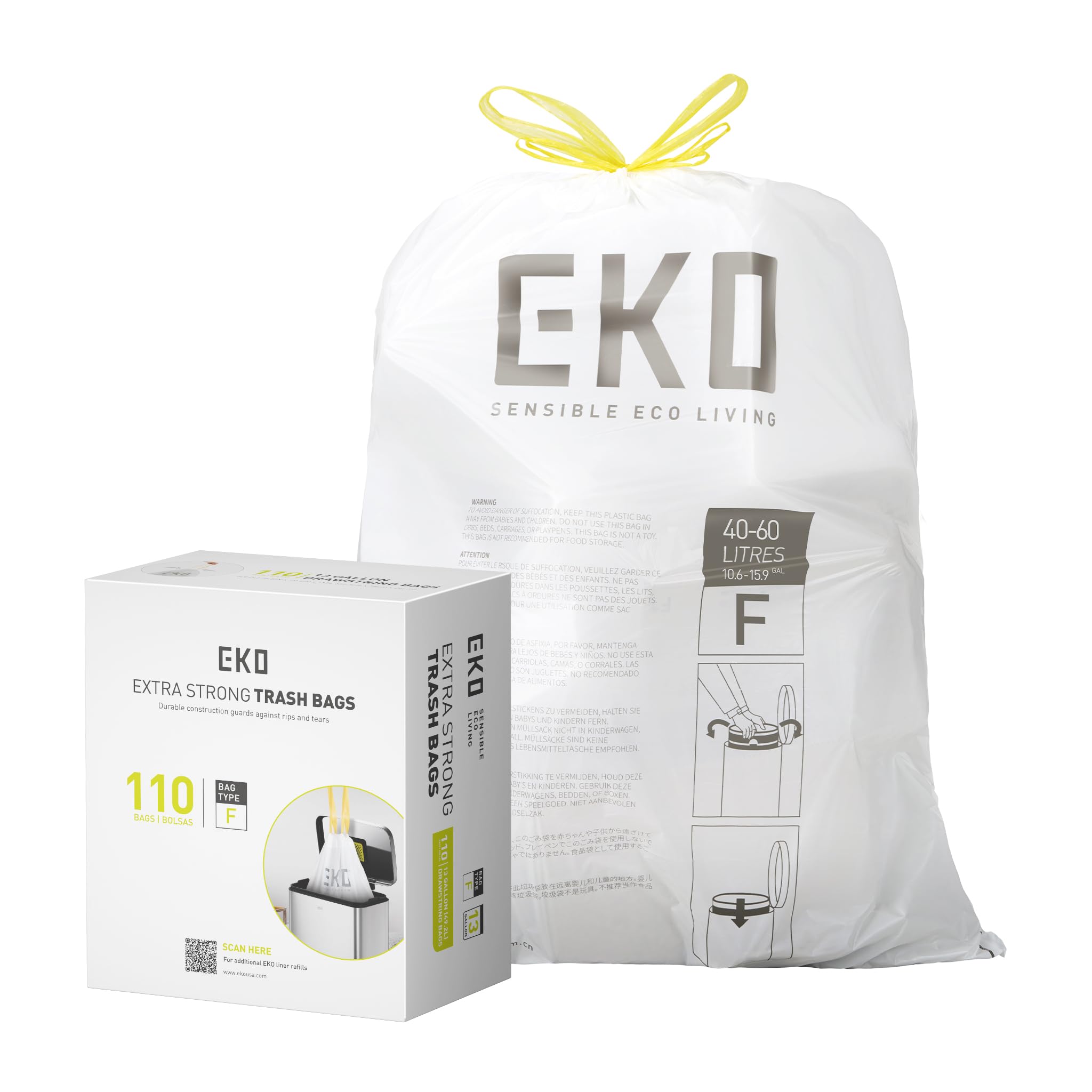 EKO Extra Strong 13 Gallon Large Drawstring Trash Bags, Heavy-Duty Garbage Bags for Kitchen & Household Use (50L), Leak-Resistant, 110 Count, Code F 🍁 All In One Marketplace Canada