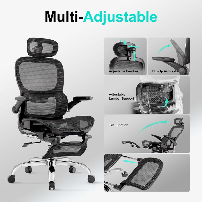 Ergonomic Office Chair,Office Chair with Tilt Function,Mesh Office Chair with Footrest,Ergonomic Chair with Adaptive Backrest, Adjustable Headrest and Flip-Up Armrests 🍁 All In One Marketplace Canada