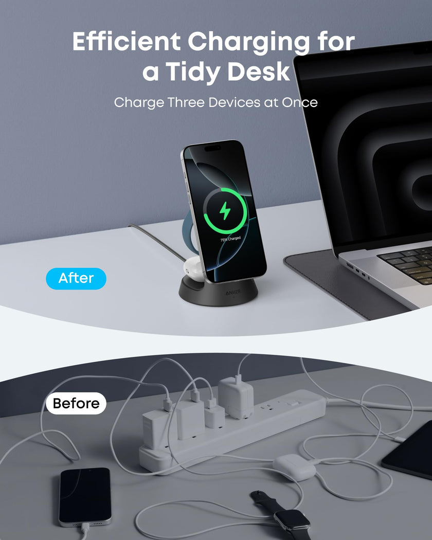 Anker MagSafe Charger Compatible, MagGo 3-in-1 Charging Station, Nano Charging Stand, Qi2 Certified 15W Magnetic Wireless Charger Dock, for iPhone17/16/15/14, Apple Watch,AirPods (Black) 🍁 All In One Marketplace Canada