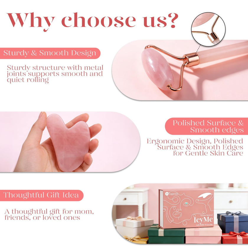 BAIMEI IcyMe Rose Quartz Roller & Gua Sha Set, Cooling Face Roller for Depuffing & Lymphatic Massage, Sculpting Tool for Face, Eyes & Neck, Smooth Skincare Gift for Women and Men 🍁 All In One Marketplace Canada