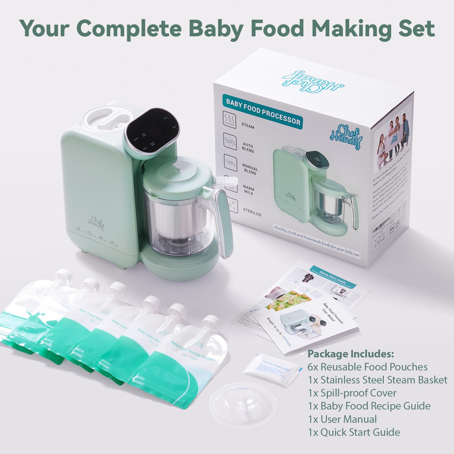 Chefhandy Baby Food Maker with Stainless Steel Steam Basket, 5-in-1 Baby Food Processor, Steamer & Blender, Auto Cooking, Pureeing, Reheating & Steam Cleaning, BPA-Free, 6 Reusable Pouches, Green 🍁 All In One Marketplace Canada