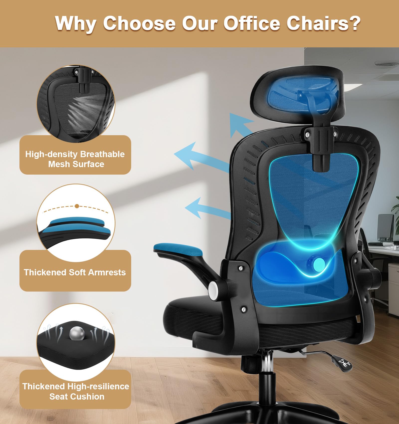 Office Chair, SPRDENG Ergonomic Office Chair with Two-Way Adjustable Lumbar Support & Headrest, High Back S-Shaped Computer Chair with Flip-up Padded Armrests, Swivel Task Chair for Home Office 🍁 All In One Marketplace Canada