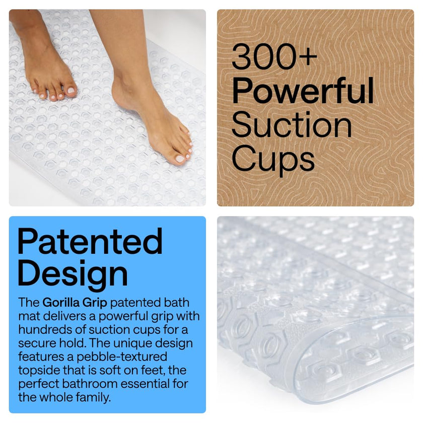 GORILLA GRIP Patented Bath Tub Shower Mat, Machine Washable Bathtub Floor Liner Mats, Suction Cups and Drain Holes to Keep Tubs Clean, Bathroom Essentials, 89x41 cm, Clear 🍁 All In One Marketplace Canada