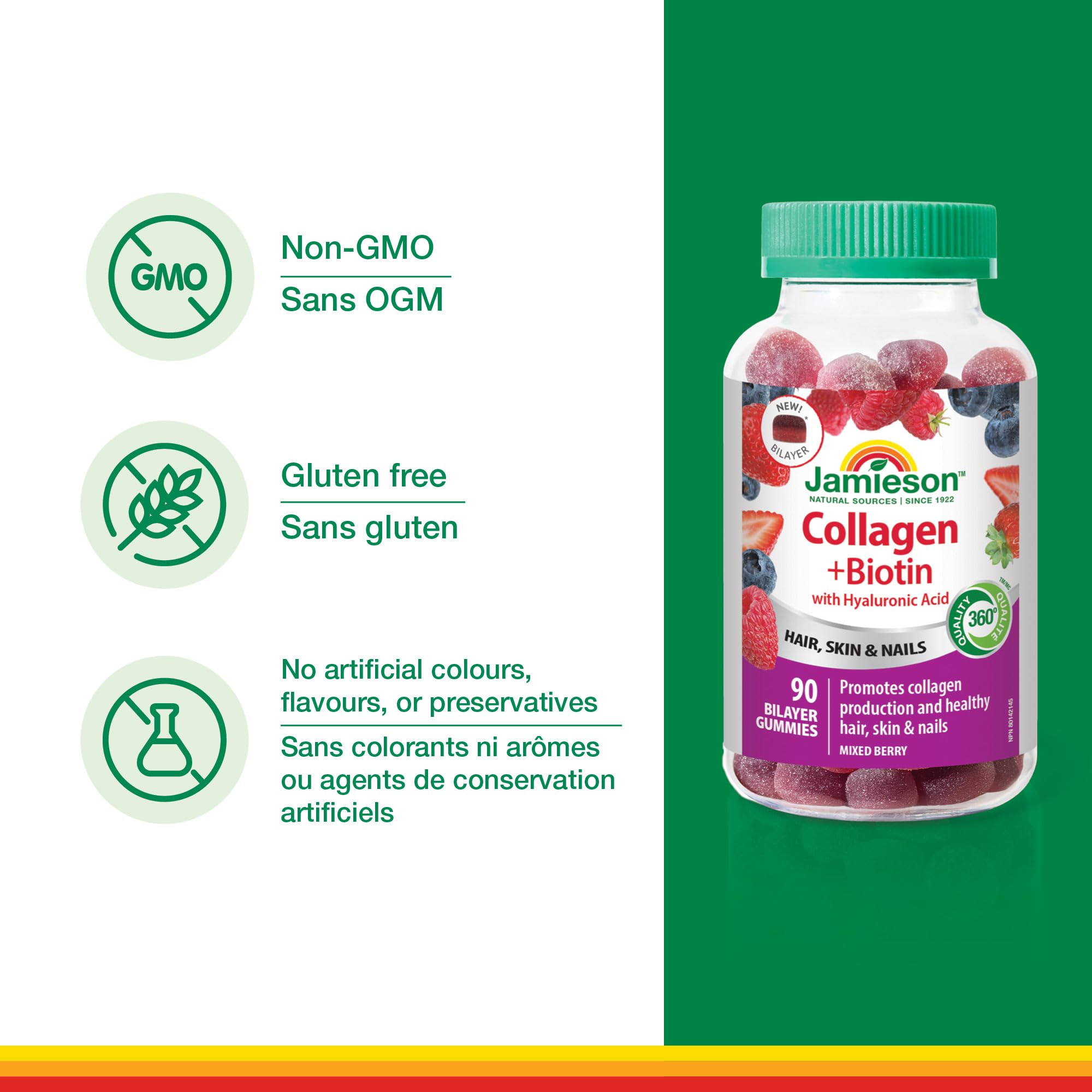 Jamieson Collagen and Biotin Bilayer Gummy with Hyaluronic Acid and Vitamin C, Mixed Berry Flavour, Healthy Hair, Skin & Nails, Supports Collagen Production, Source of Antioxidants, Beauty Gummy, NON-GMO, No Gluten, No Lactose, No Artificial Colours, Flav