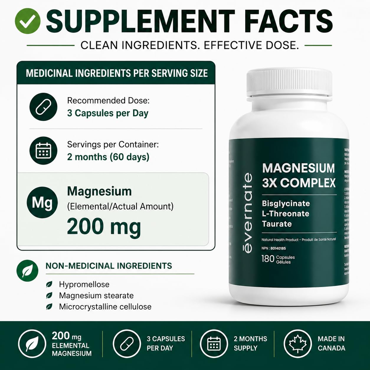 ALL-IN-ONE Magnesium Complex – Magnesium Glycinate (Bisglycinate) Chelated, L-Threonate & Taurate (200mg Elemental per Daily Dose) – Sleep, Stress, Muscle & Heart Support – High Absorption Magnesium Supplement – 180 Vegan Capsules – Made in Canada