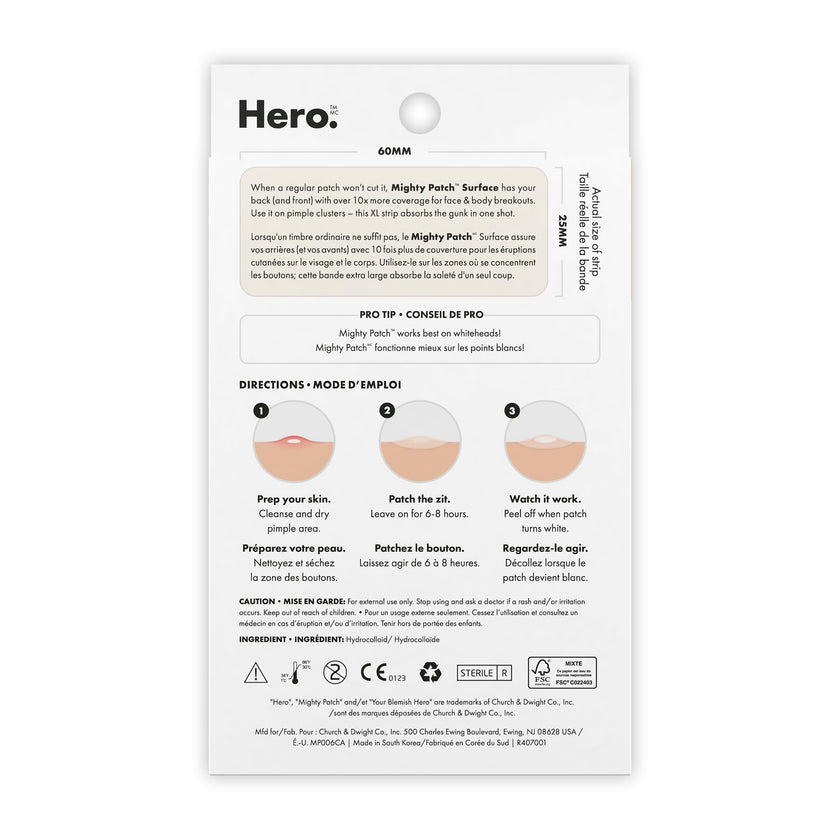 Hero Cosmetics Mighty Patch Surface – Large Hydrocolloid Patch for Pimples on the Body, Back and Face, Suitable for Sensitive Skin, 10 Count 🍁 All In One Marketplace Canada