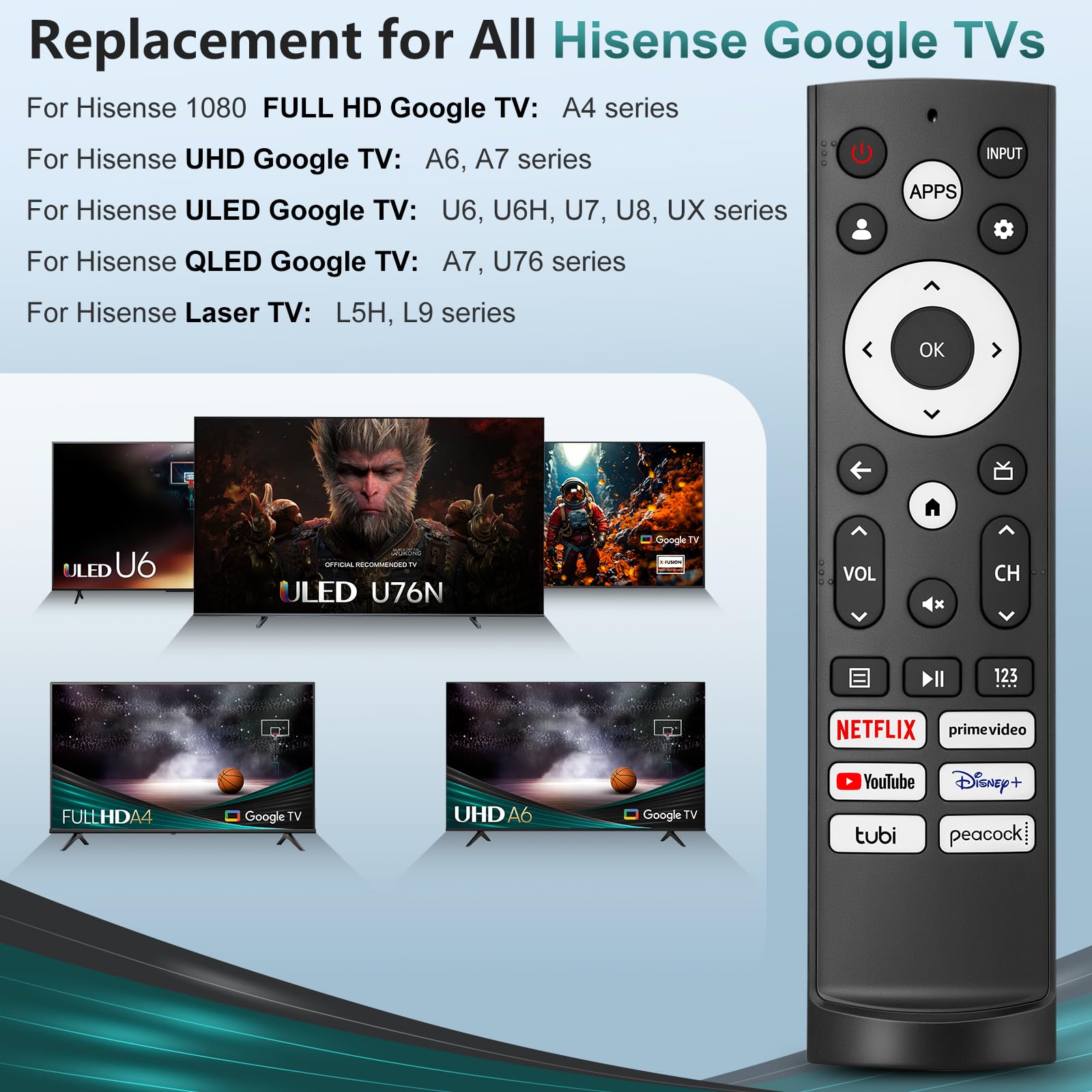 Universal Replacement Remote Control for All Hisense Smart Google TVs Compatible with UHD 4K LED HD ULED-No Setup Needed Programming 🍁 All In One Marketplace Canada