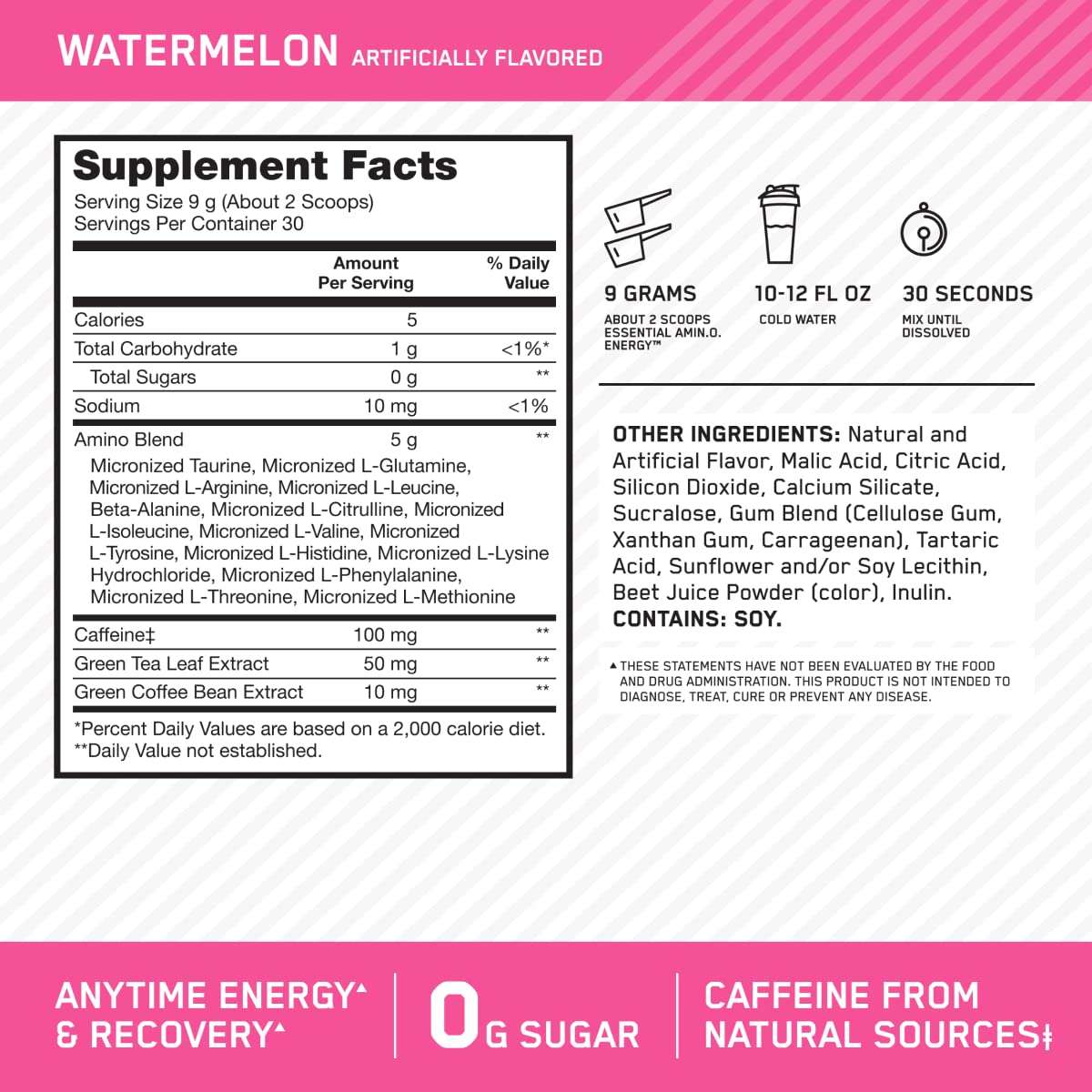 Optimum Nutrition Amino Energy Powder: Pre- workout & Anytime energy with Green tea, Green coffee extract + BCAA's - Watermelon: 30 servings [270g] (packaging may vary) 🍁 All In One Marketplace Canada