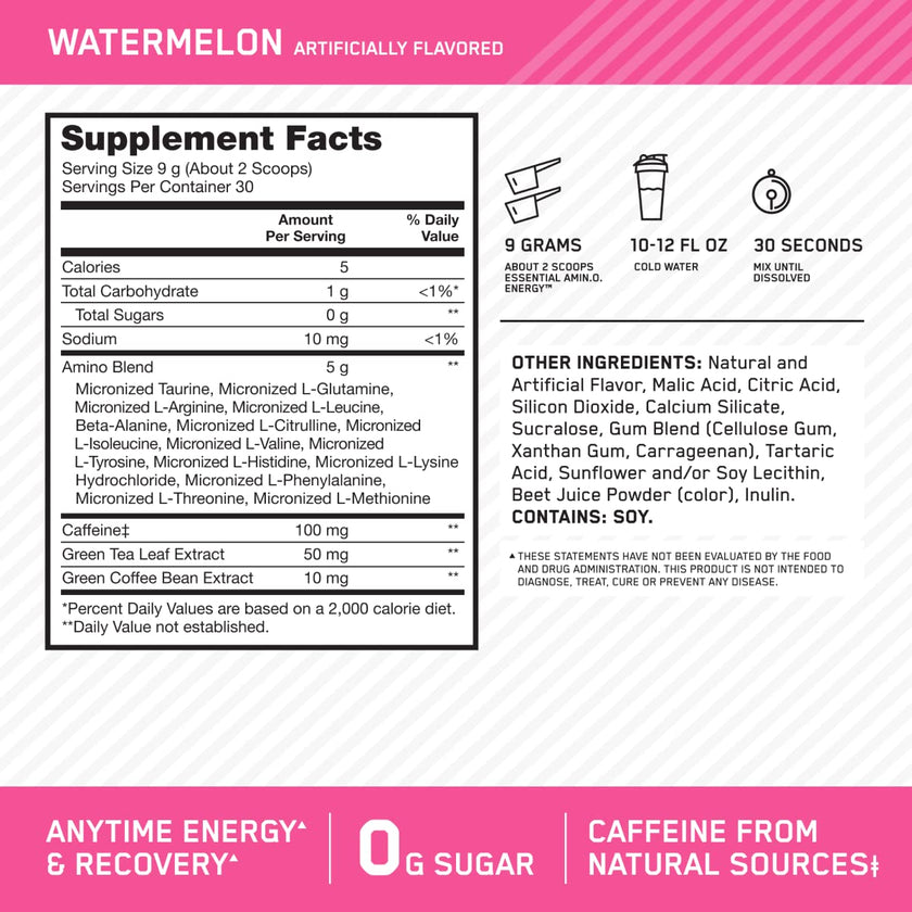 Optimum Nutrition Amino Energy Powder: Pre- workout & Anytime energy with Green tea, Green coffee extract + BCAA's - Watermelon: 30 servings [270g] (packaging may vary) 🍁 All In One Marketplace Canada