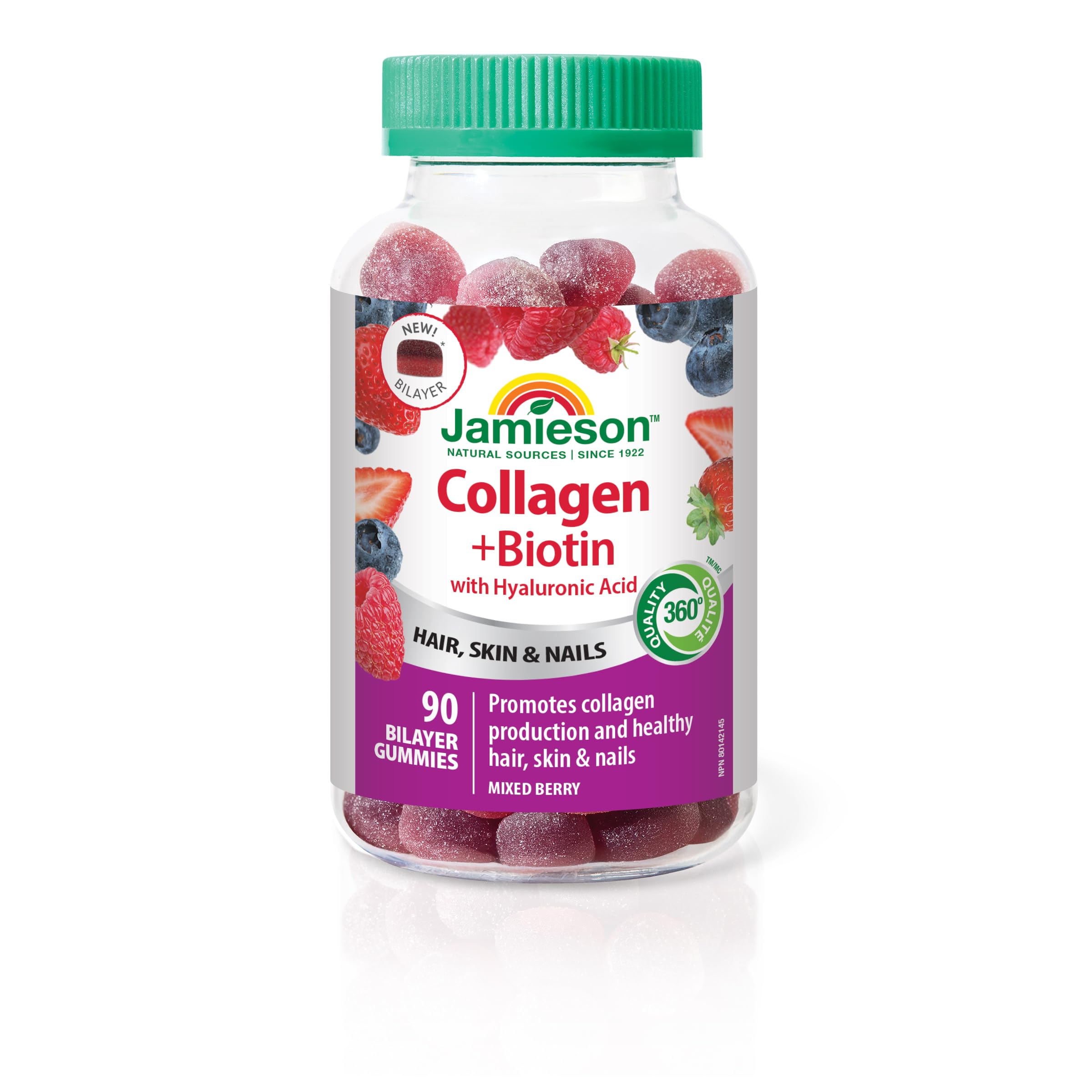 Jamieson Collagen and Biotin Bilayer Gummy with Hyaluronic Acid and Vitamin C, Mixed Berry Flavour, Healthy Hair, Skin & Nails, Supports Collagen Production, Source of Antioxidants, Beauty Gummy, NON-GMO, No Gluten, No Lactose, No Artificial Colours, Flav