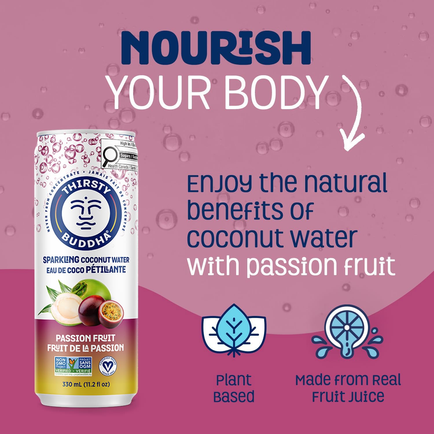 THIRSTY BUDDHA Sparkling Coconut Water with Passion Fruit, No Added Sugar, Pure Coco Drink, Natural Fruit Flavour, Electrolyte & Nutrient-Rich, 12 Pack, (12/330ml) 🍁 All In One Marketplace Canada