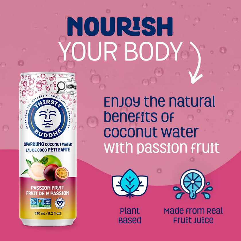 THIRSTY BUDDHA Sparkling Coconut Water with Passion Fruit, No Added Sugar, Pure Coco Drink, Natural Fruit Flavour, Electrolyte & Nutrient-Rich, 12 Pack, (12/330ml) 🍁 All In One Marketplace Canada