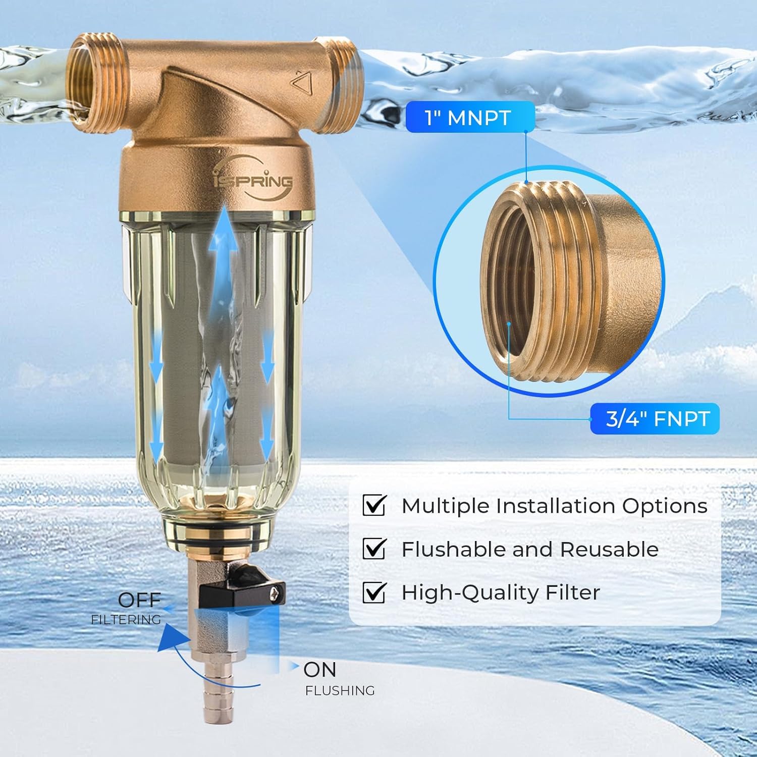 iSpring WSP-50 Reusable Whole House Spin Down Sediment Water Filter 50 Micron, 1