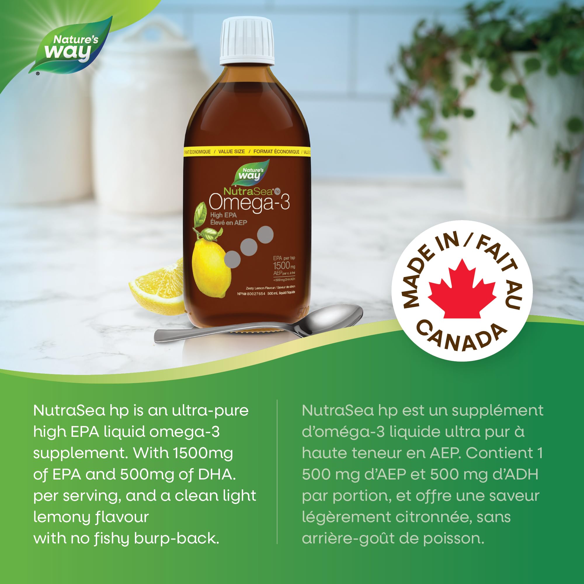 Nature's Way NutraSea HP Omega 3 High EPA Fish Oil Liquid Supplement for Adults and Kids Ages 1+ – Zesty Lemon Flavour – Heart & Brain Support – 1500mg EPA, 500 mL Value Size 🍁 All In One Marketplace Canada