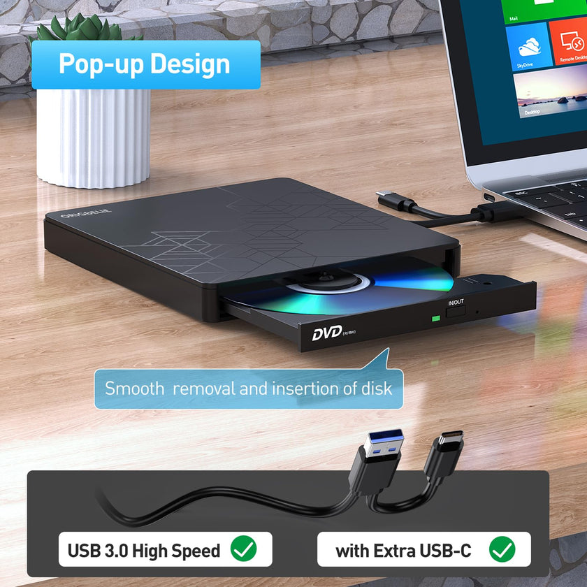 ORIGBELIE External DVD Drive, CD Drive USB 3.0 Typle C CD/DVD ROM +/-RW Adapter with USB Port DVD Burner for Laptop PC Desktop Computer, Optical Disk Drive CD Player Compatible with Mac Windows Linux 🍁 All In One Marketplace Canada