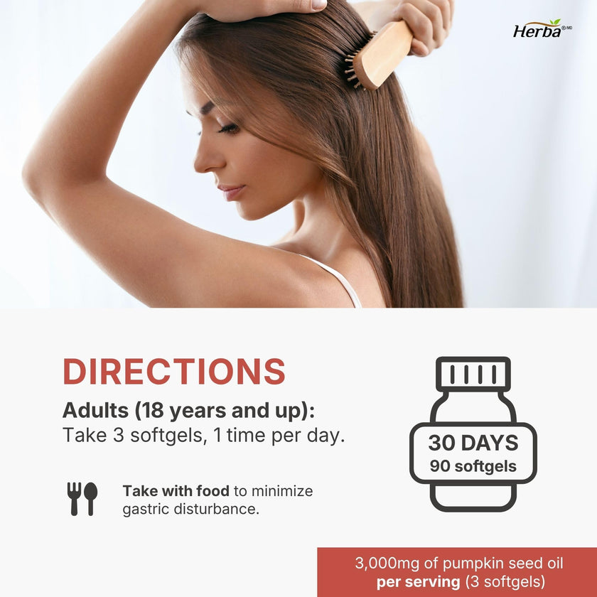 Herba Pumpkin Seed Oil Capsules for Hair - 90 Softgels | 3 in 1 with Saw Palmetto and Biotin | Cold Pressed, Extra Virgin, and Non GMO | Made in Canada 🍁 All In One Marketplace Canada