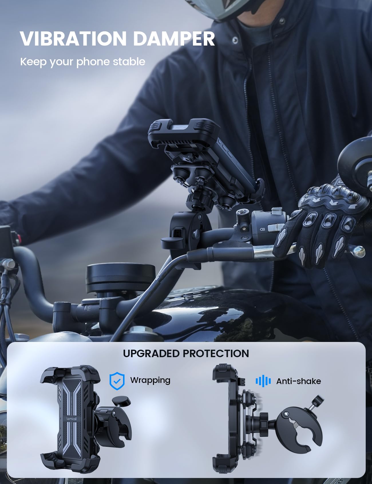 Lamicall Motorcycle Phone Mount Holder - [Dual Vibration Dampener] Anti Shake Motorcycle Phone Mount with Upgraded Handlebar Clamp, Bike Phone Mount for iPhone 14 15 Pro Max 16 17 Pro, 4.7-6.7