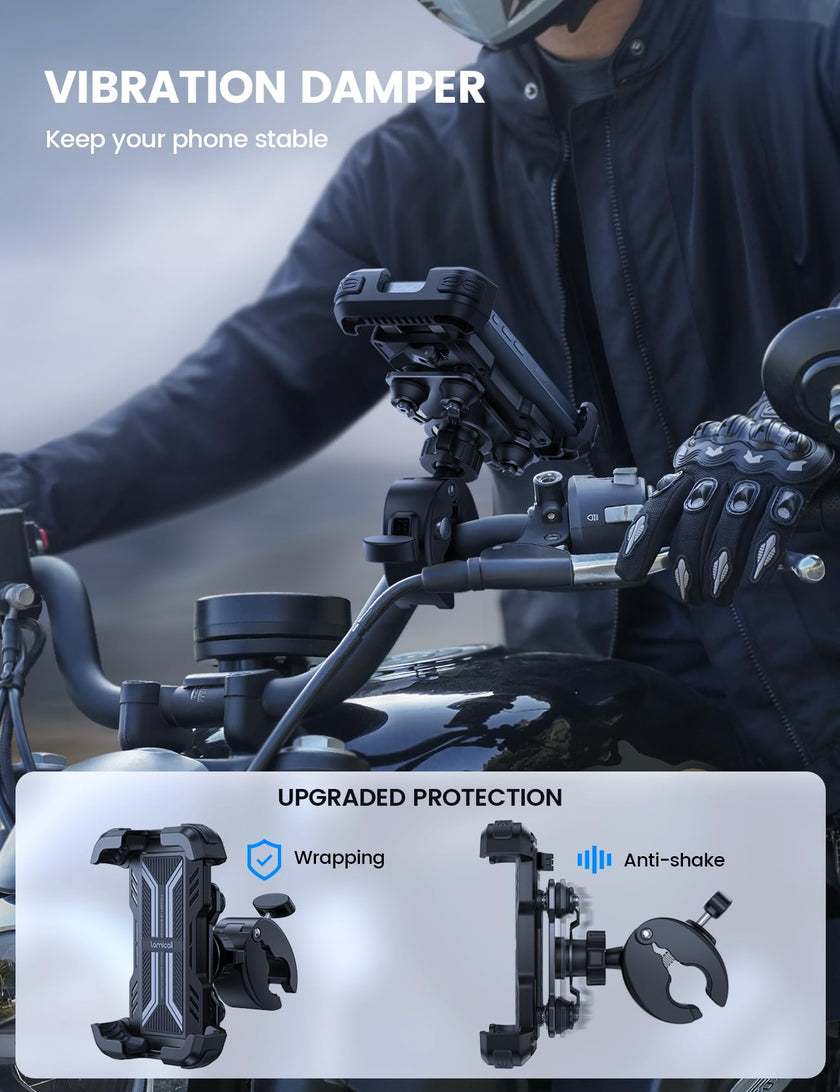 Lamicall Motorcycle Phone Mount Holder - [Dual Vibration Dampener] Anti Shake Motorcycle Phone Mount with Upgraded Handlebar Clamp, Bike Phone Mount for iPhone 14 15 Pro Max 16 17 Pro, 4.7-6.7