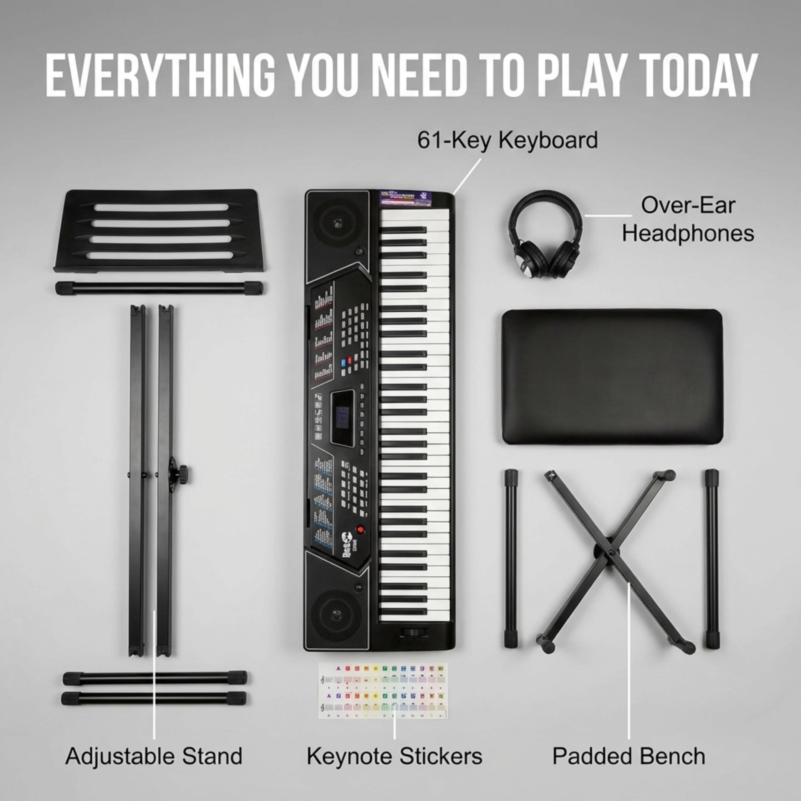 RockJam 61 Key Keyboard Piano With Pitch Bend Kit, Keyboard Stand, Piano Bench, Headphones, Simply Piano App & Keynote Stickers 🍁 All In One Marketplace Canada