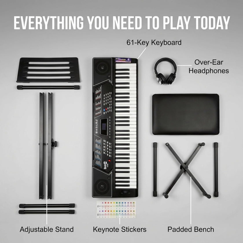 RockJam 61 Key Keyboard Piano With Pitch Bend Kit, Keyboard Stand, Piano Bench, Headphones, Simply Piano App & Keynote Stickers 🍁 All In One Marketplace Canada