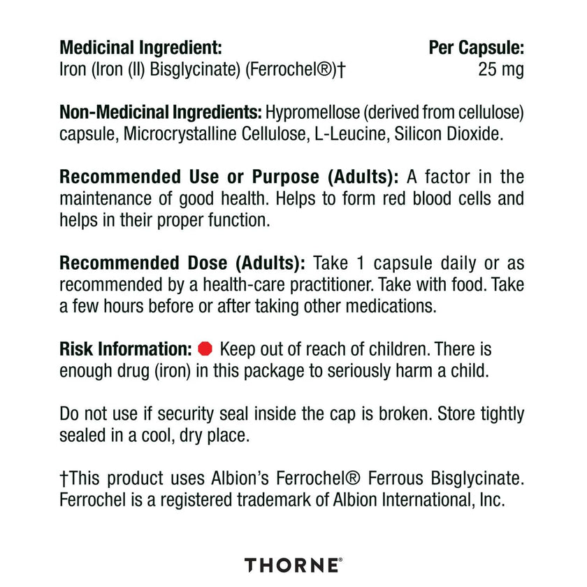 Thorne Iron Bisglycinate - 25 mg Iron Supplement for Enhanced Absorption Without Gastrointestinal Side Effects - 60 Capsules - 60 Servings 🍁 All In One Marketplace Canada