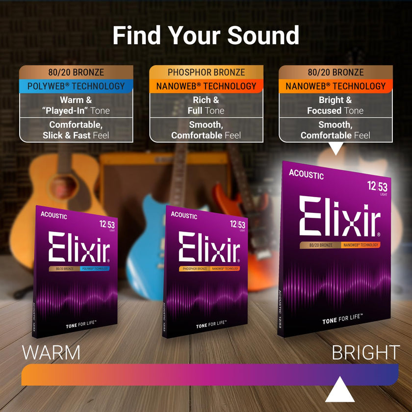 Elixir 80/20 Bronze Acoustic Guitar Strings with Nanoweb Coating - Medium 13-56 🍁 All In One Marketplace Canada