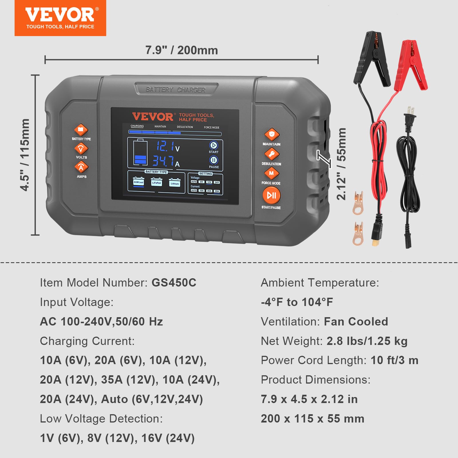VEVOR Smart Battery Charger, 35-Amp, Lithium LiFePO4 Lead-Acid (AGM/Gel/SLA) Car Battery Charger with LCD Display, Trickle Charger Maintainer Desulfator for Boat Motorcycle Lawn Mower Deep Cycle 🍁 All In One Marketplace Canada
