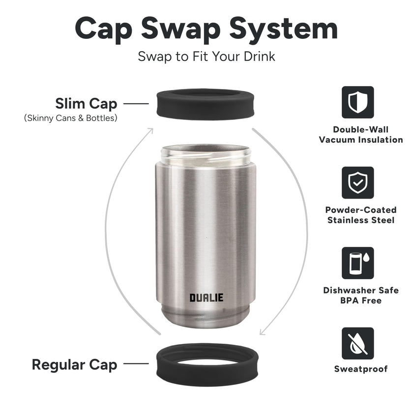 DUALIE 3 in 1 Insulated Can Cooler - Universal Size for 12 oz Cans, Slim Cans, and Bottles - Stainless 🍁 All In One Marketplace Canada