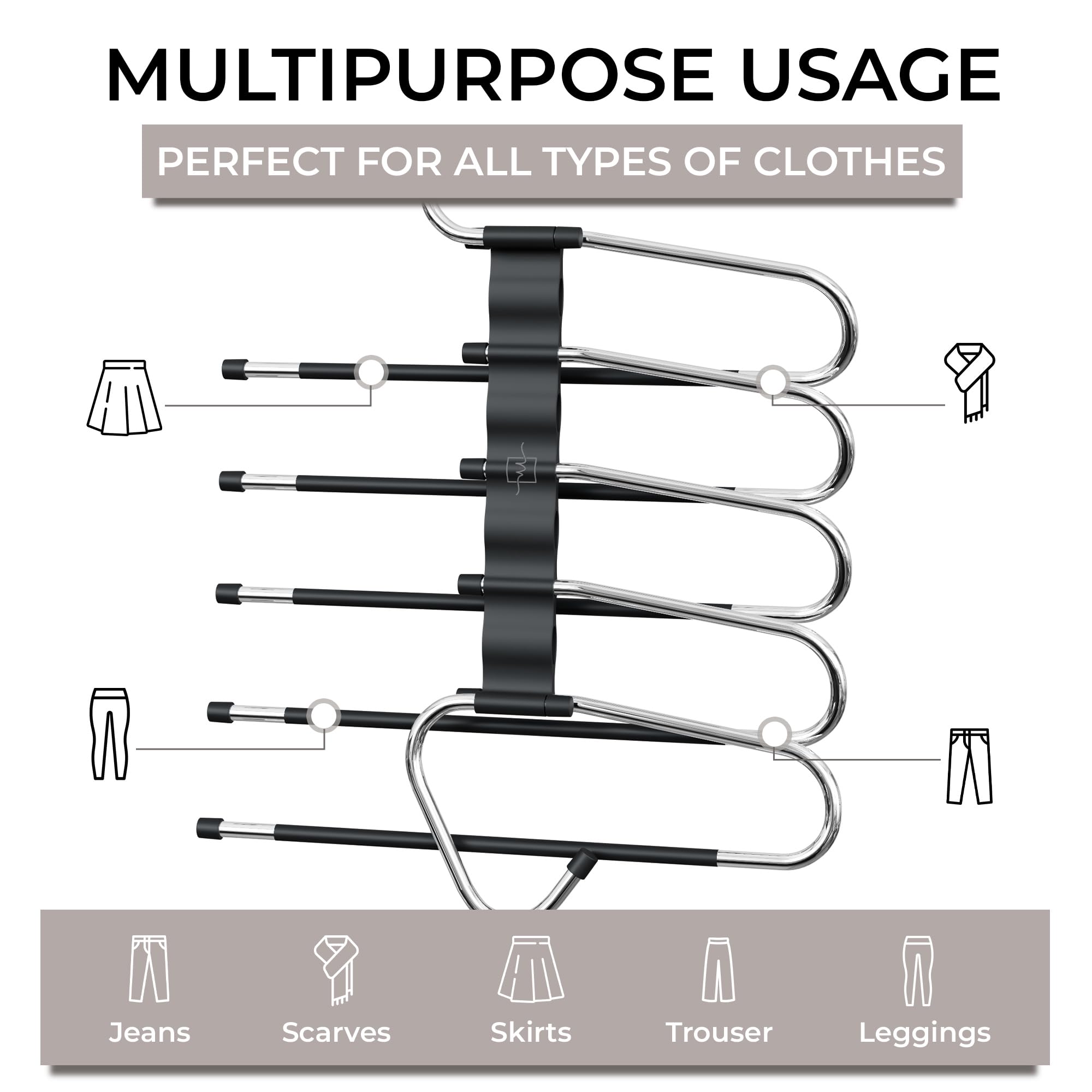 MORALVE Pants Hangers Space Saving - 2 Pack - Non-Slip Multi-Layer Space Saving Hangers - Multifunctional Clothing Rack for Closet Storage - Ideal for Jeans, Trousers, Skirts, Scarves & Slacks (Black) 🍁 All In One Marketplace Canada