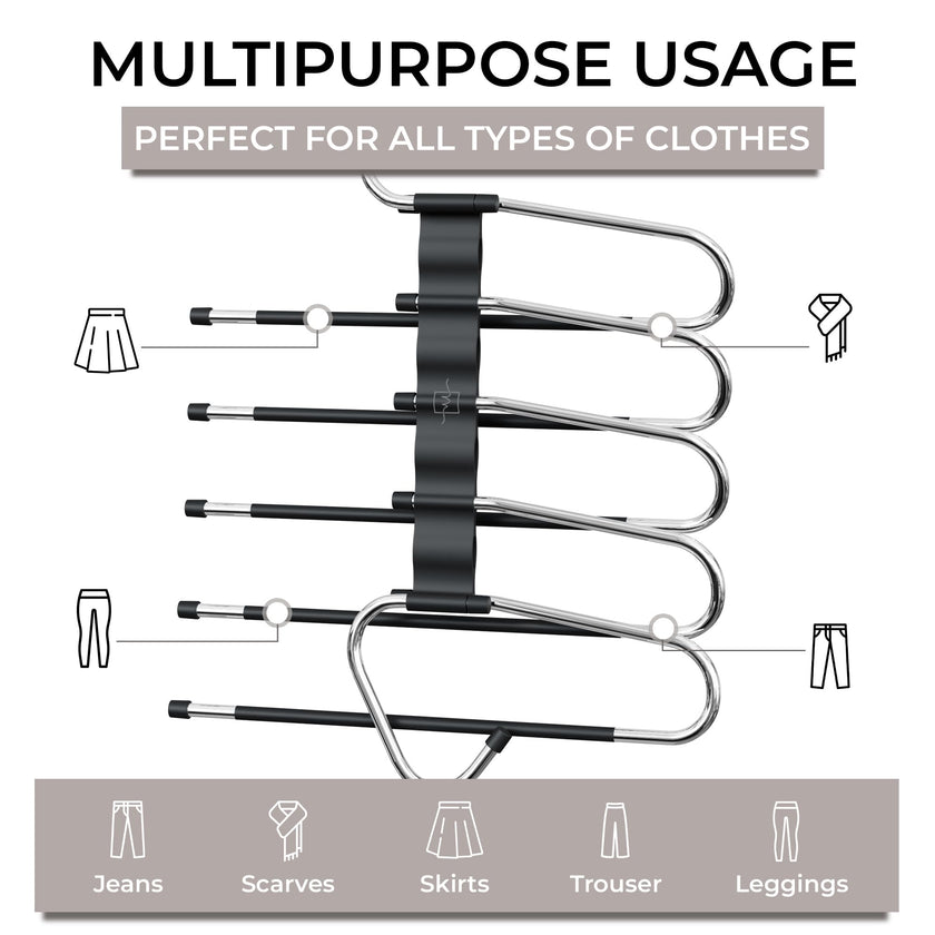 MORALVE Pants Hangers Space Saving - 2 Pack - Non-Slip Multi-Layer Space Saving Hangers - Multifunctional Clothing Rack for Closet Storage - Ideal for Jeans, Trousers, Skirts, Scarves & Slacks (Black) 🍁 All In One Marketplace Canada