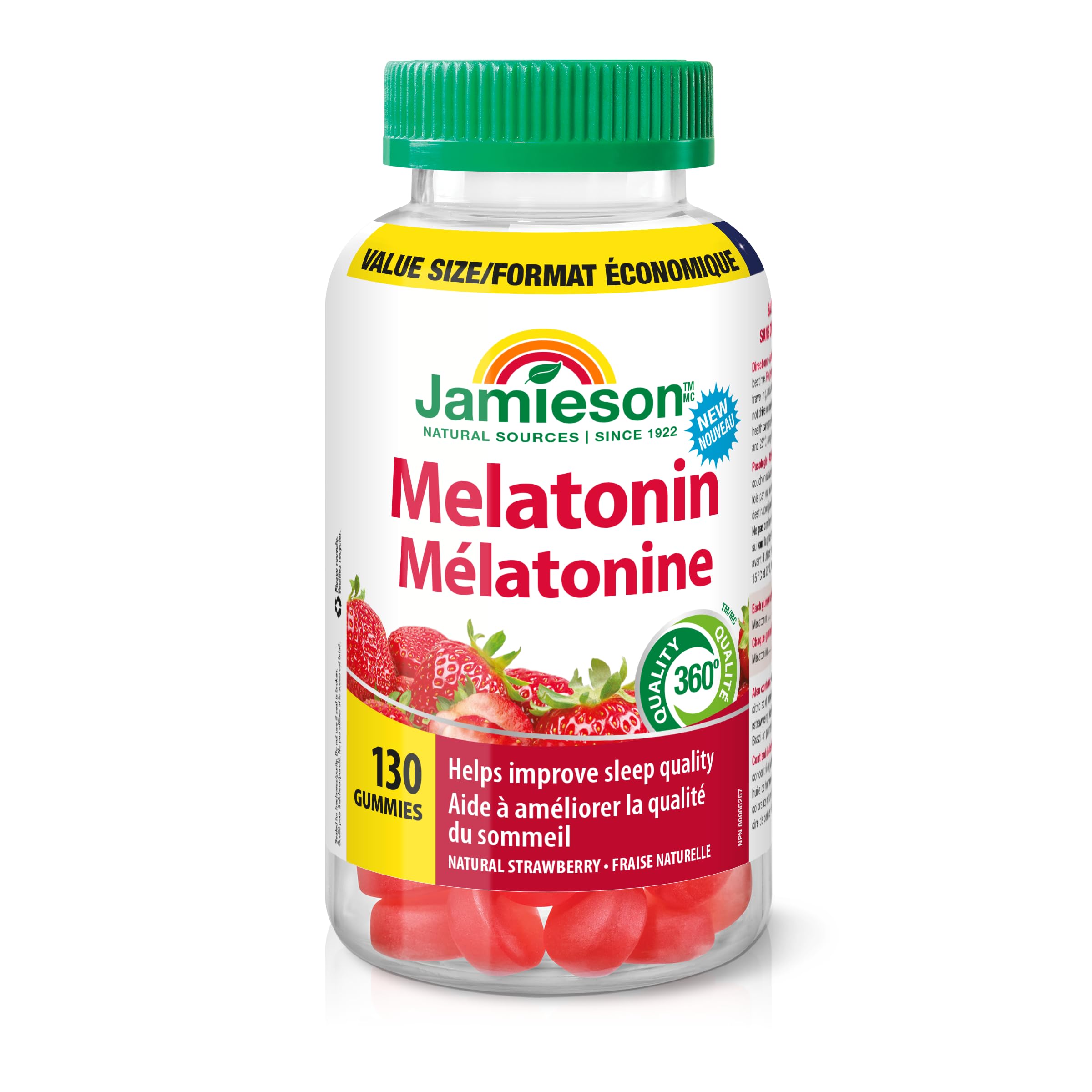 Jamieson Melatonin 2.5 mg Gummies Natural Strawberry Flavour, Improves Sleep Quality, Increases Sleep Time, and Helps Reset the Body's Sleep-Wake Cycle. Vegetarian, Non-GMO, Gluten-Free, No Artificial Flavours, Colours, or Preservatives, 130 Count, Proudl