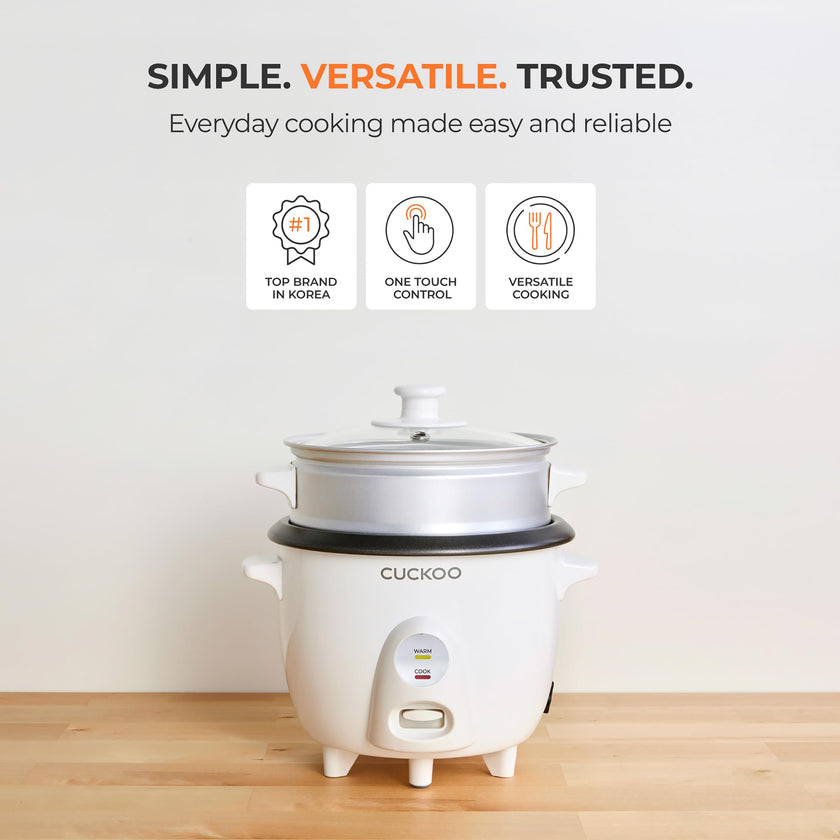 CUCKOO One Touch Rice Cooker 3-Cup (Uncooked) / 6-Cup (Cooked), Mini Rice Cooker & Warmer with Steamer Tray, Versatile Grain Cooker, Soup Maker, Auto Keep Warm, White (CR-0301C) 🍁 All In One Marketplace Canada