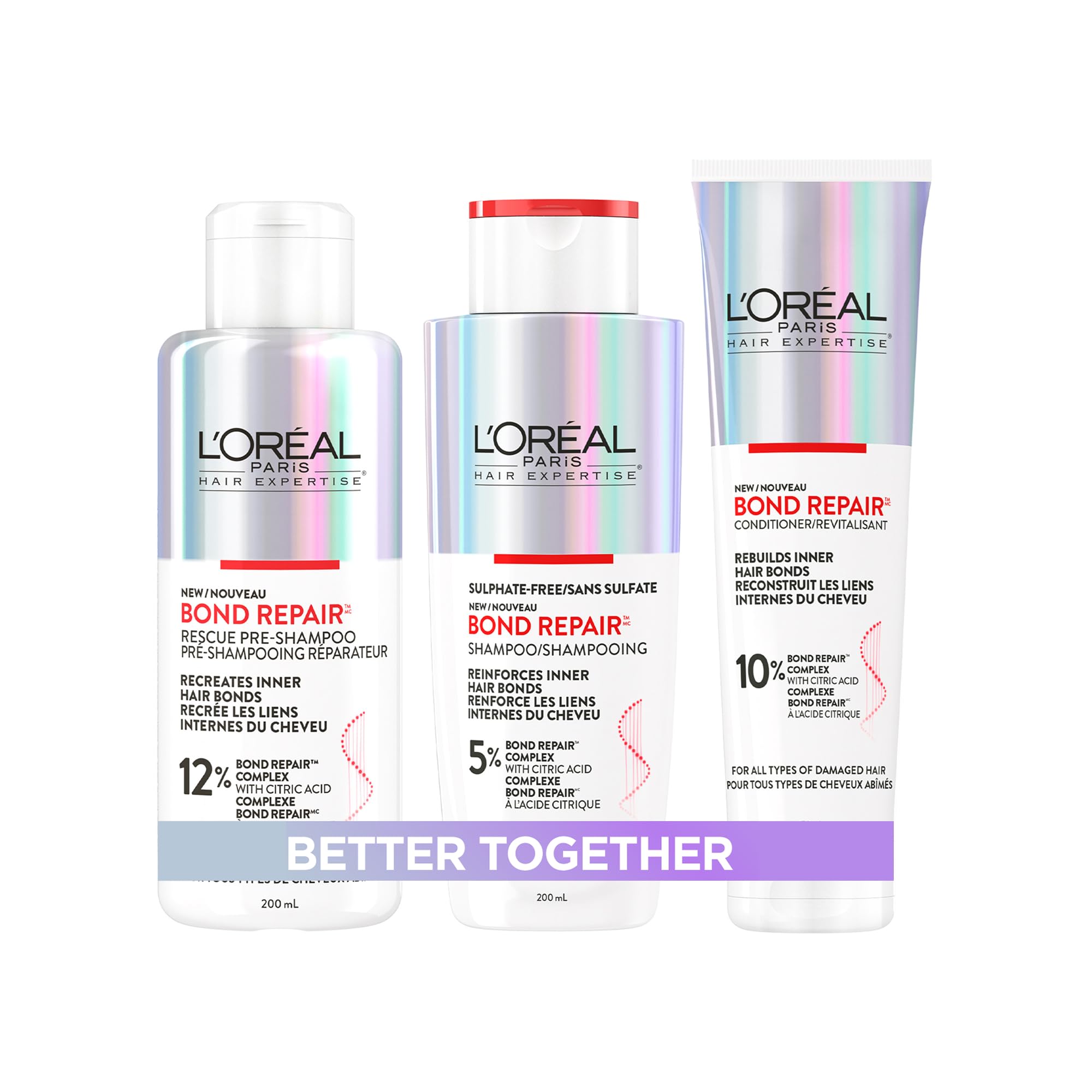 L'Oréal Paris Hair Expertise Bond Repair Shampoo and Conditioner Set with Hair Treatment, Citric Acid for Hair Breakage, 3x Pieces (Pre-Shampoo, Shampoo, Conditioner) 🍁 All In One Marketplace Canada