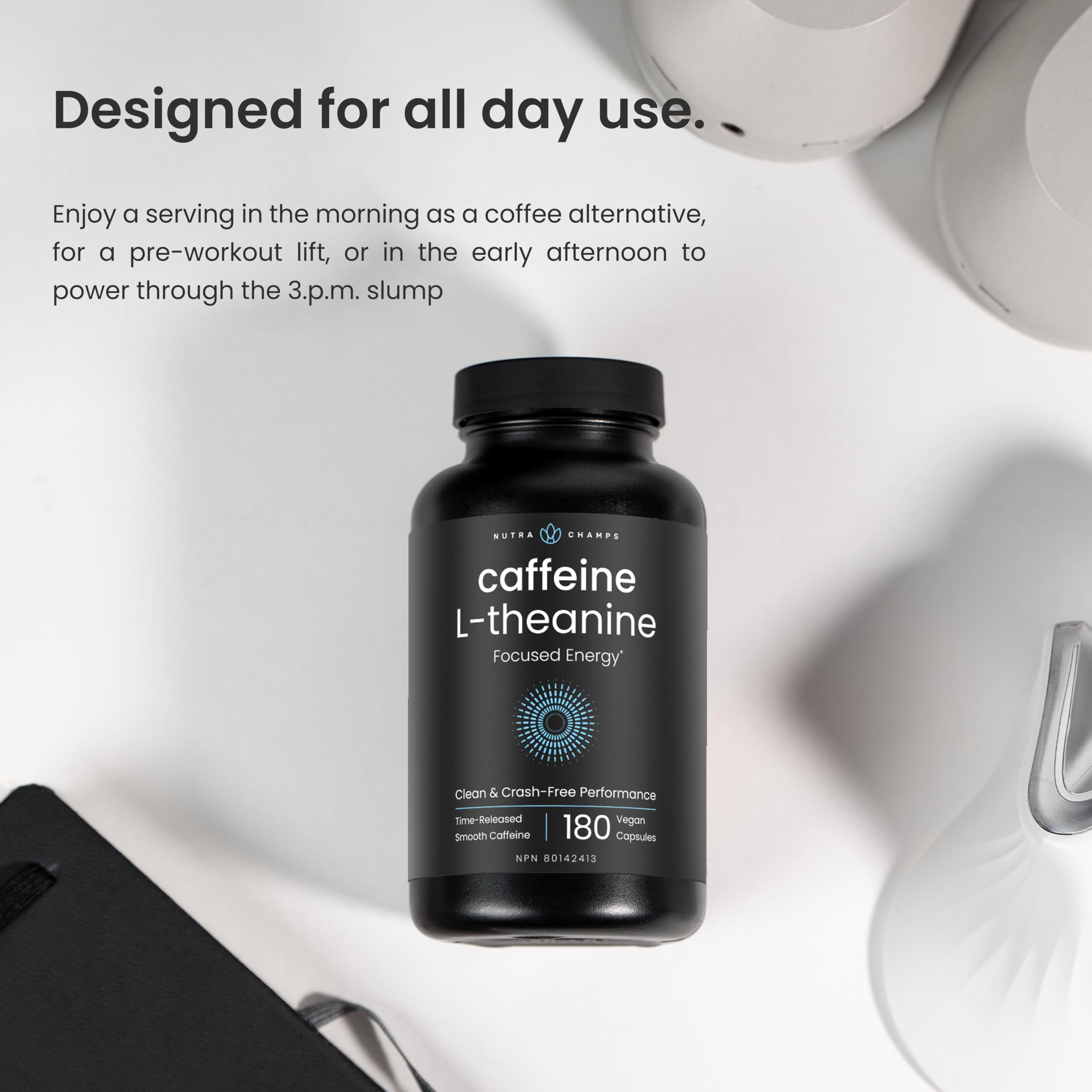 Caffeine Pills with L-Theanine - 180 Energy Pills for Women & Men - Clean & Long-Lasting Focused Energy - Sustained Release 100mg Caffeine + 200mg L Theanine - No Crash Capsules, Vegan Supplement 🍁 All In One Marketplace Canada
