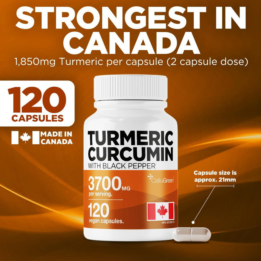 CelluGreen Turmeric Curcumin 3,700mg with Black Pepper Extract — 95% Curcuminoids for Joint Pain Relief & Anti-Inflammatory Support | Curcuma Longa | Non-GMO, Gluten-Free, Made in Canada | 120 Capsules 🍁 All In One Marketplace Canada