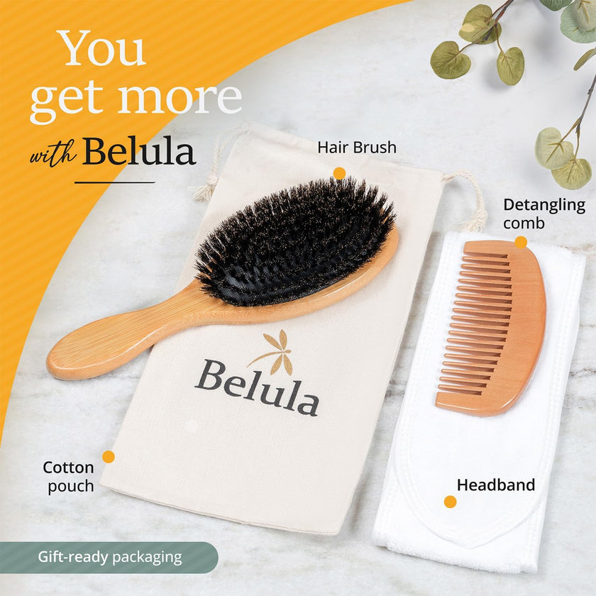 Belula 100% Boar Bristle Hair Brush Set (Medium). Soft Natural Bristles for Thin and Fine Hair. Restore Shine And Texture. Wooden Comb, Travel Bag and Spa Headband Included! 🍁 All In One Marketplace Canada