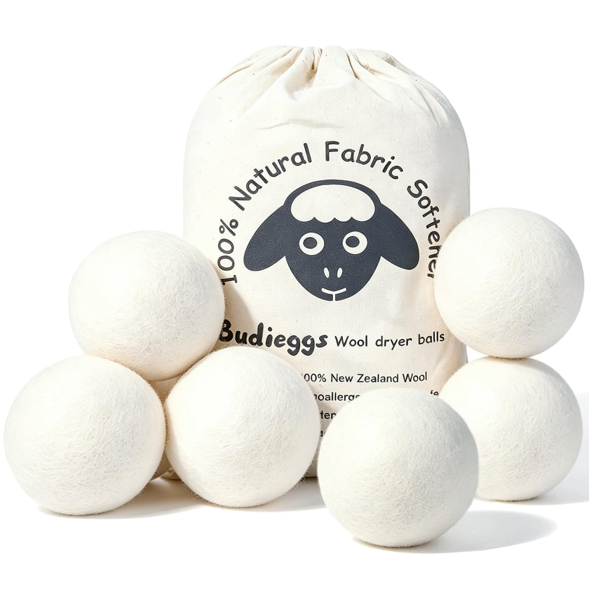 Budieggs Wool Dryer Balls Organic XL 6-Pack, 100% New Zealand Wool Chemical Free Fabric Softener for 1000+ Loads, Baby Safe & Hypoallergenic, Fabrics Soft and Fluffy Naturally 🍁 All In One Marketplace Canada