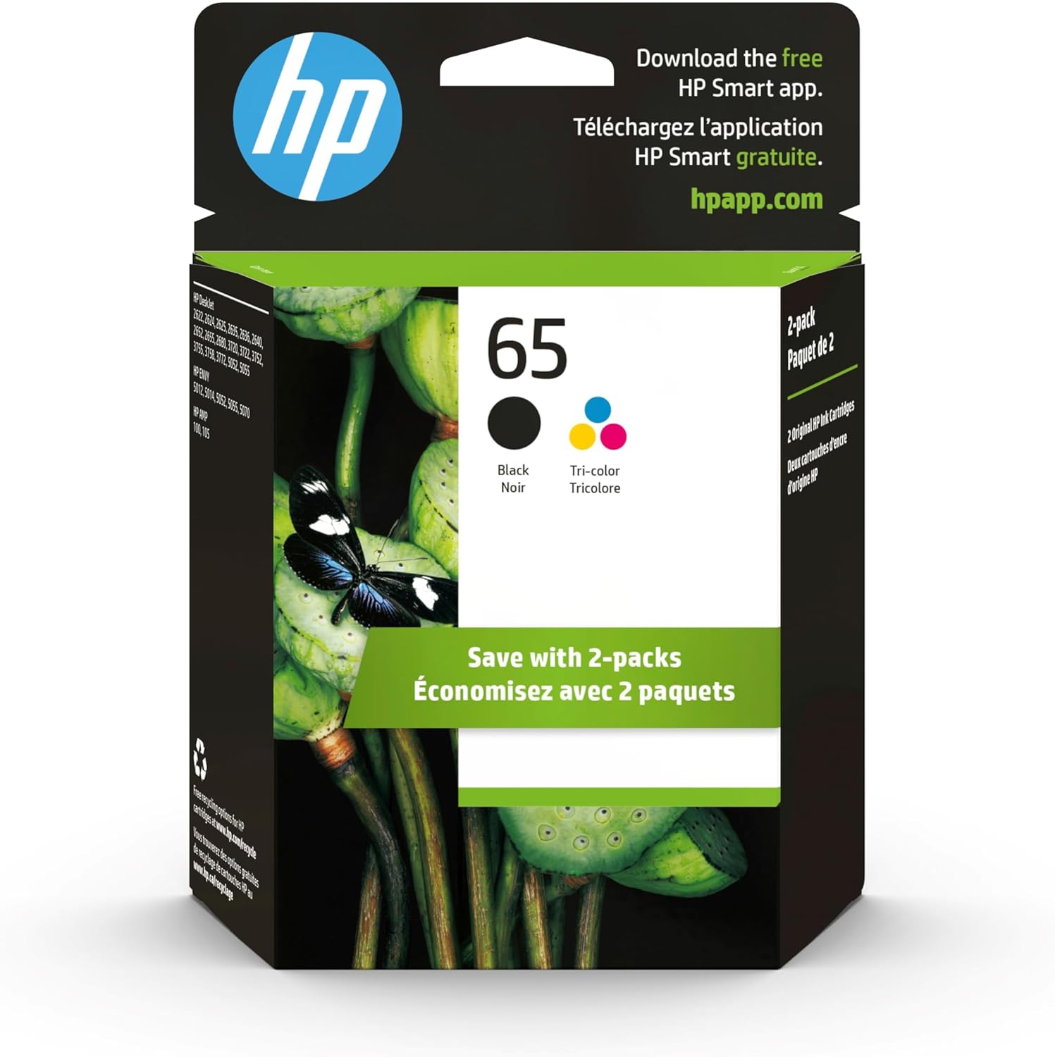HP 65 Black & Tri-Colour Original Ink Cartridges, 2 Pack (T0A36AN)