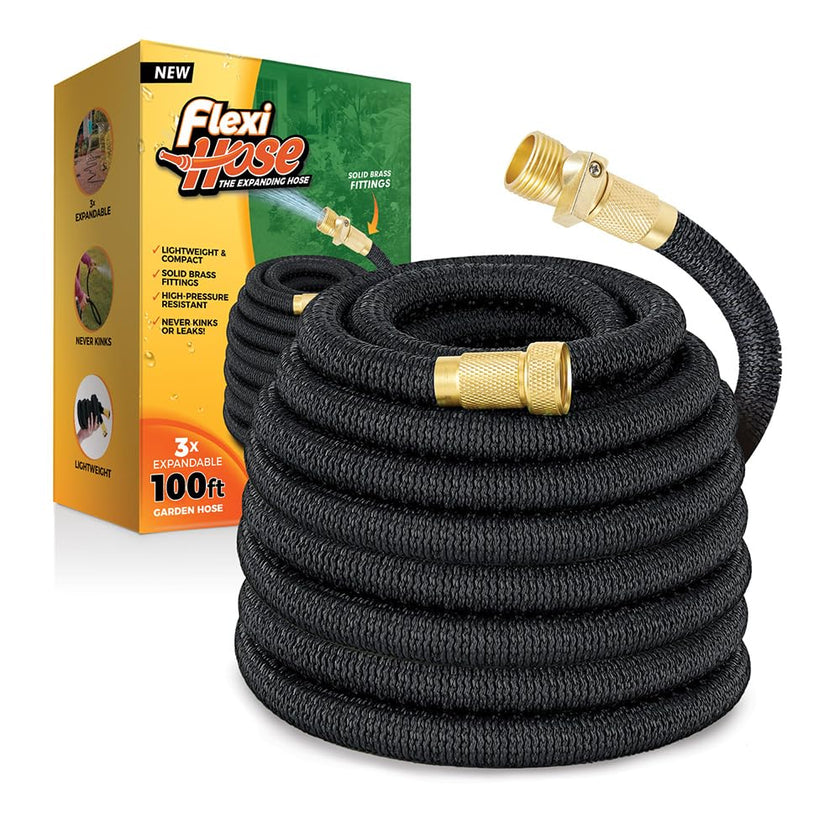 Flexi Hose Expandable Garden Hose, Lightweight & No-Kink Flexible Garden Hose, 3/4 inch Solid Brass Fittings and Double Latex Core, 100 ft Black 🍁 All In One Marketplace Canada