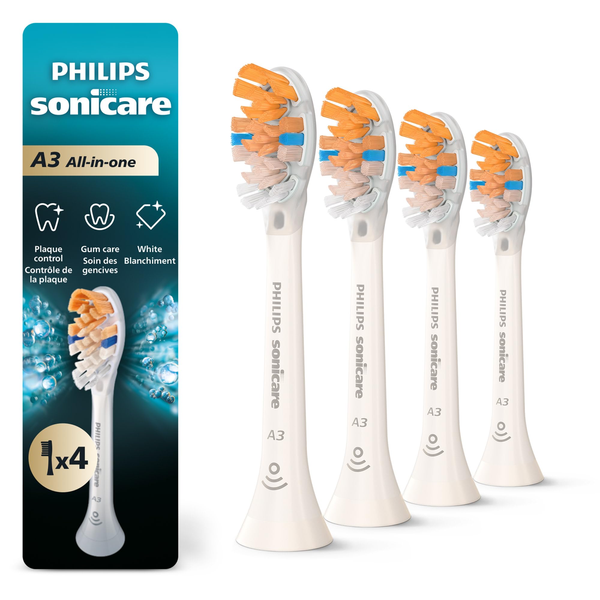 Philips Sonicare A3 All-in-One Genuine Replacement Electric Toothbrush Heads, 4 Pack One Year Supply, For effective whitening, plaque removal and better gum health, White, HX9094/65 🍁 All In One Marketplace Canada