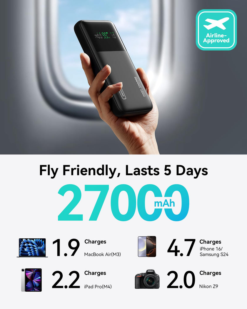 INIU 140W Laptop Power Bank, Flight-Safe 27000mAh High Capacity Portable Charger with USB C Cable, Digital Display Phone Charger, 3 Ports Travel External Battery Pack for MacBook iPad Steam Deck etc 🍁 All In One Marketplace Canada
