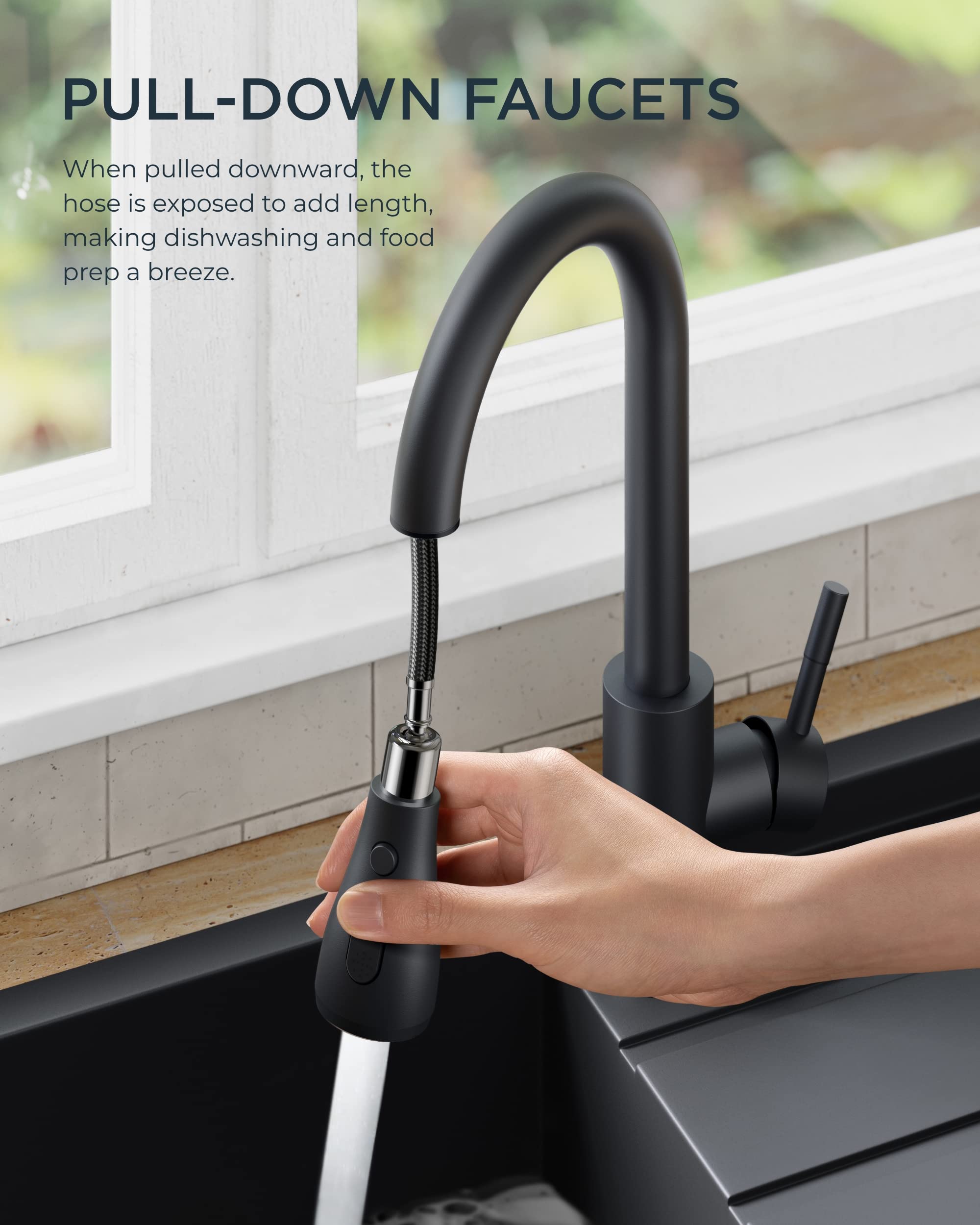 FORIOUS Black Kitchen Faucets with Pull Down Sprayer, Kitchen Sink Faucet with Pull Out Sprayer, Fingerprint Resistant, Single Hole Deck Mount, Single Handle Copper Kitchen Faucet, Matte Black 🍁 All In One Marketplace Canada