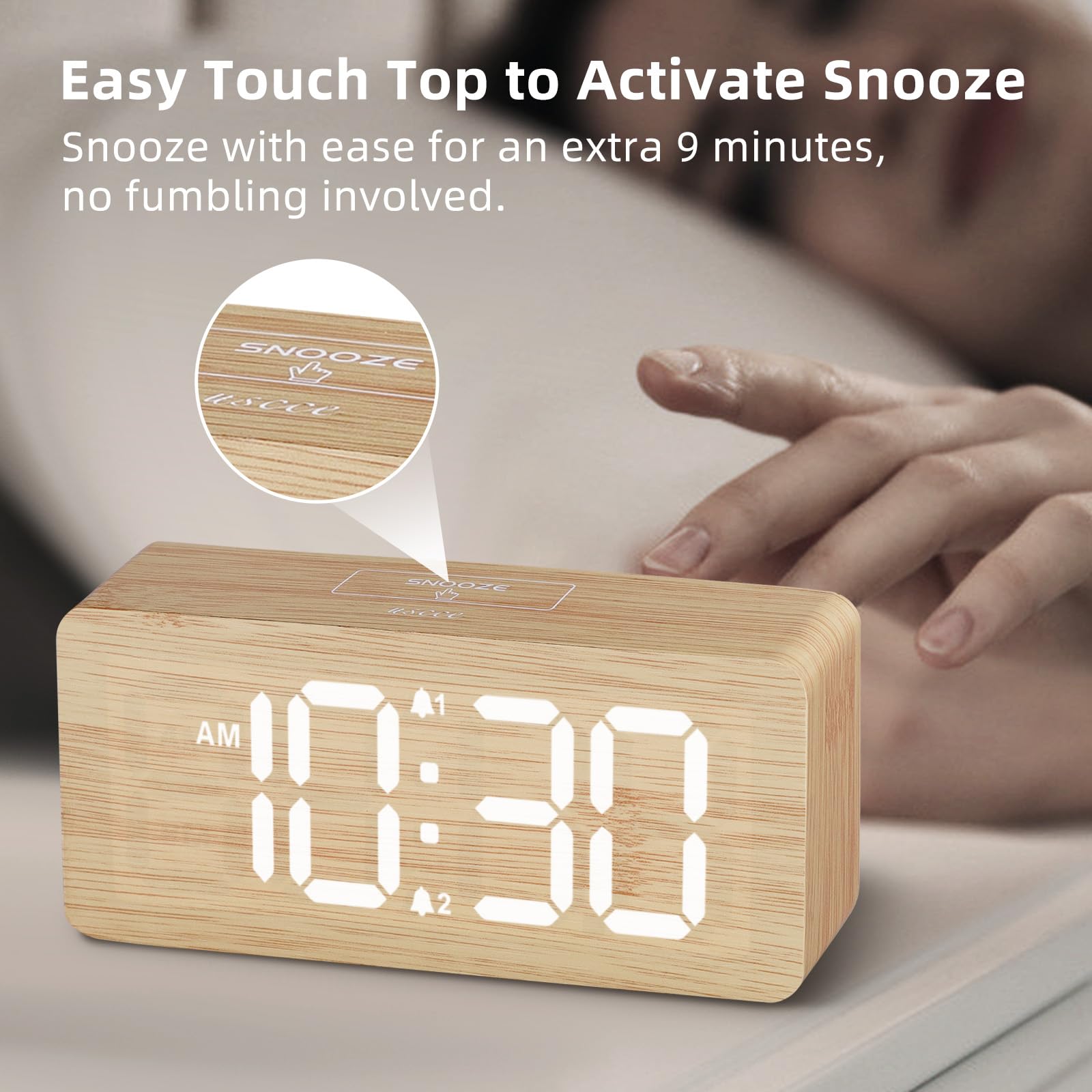 Wooden Digital Alarm Clocks for Bedrooms: Dimmable Dual Alarm Clock with Large Numbers for Bedside Desk - Bamboo 🍁 All In One Marketplace Canada