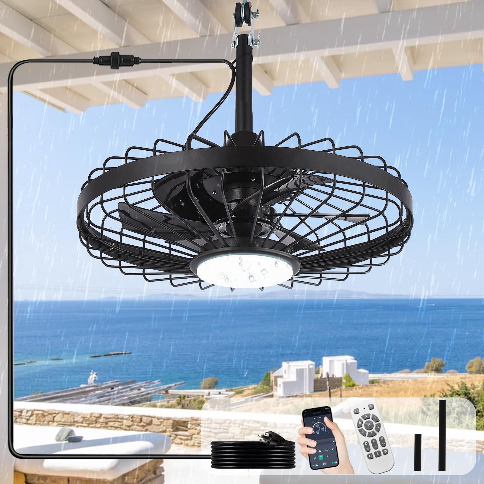 Depuley Outdoor Ceiling Fan with Light: 20 Inch Waterproof Gazebo Fans with Lights Outdoor Hanging - Plug in Remote App Control Caged Fans for Patios Pergola Porch Canopy - 6 Speed Black 🍁 All In One Marketplace Canada