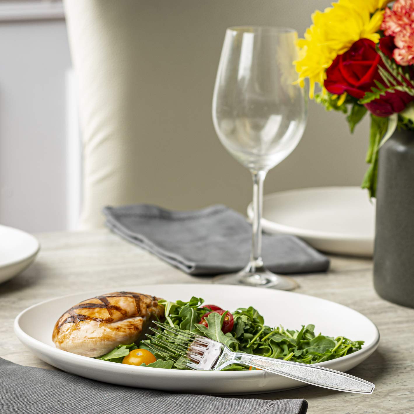 GUSTO [300 Pack] Heavyweight Clear Forks with Engraved Design - Reusable, Sturdy Cutlery Set for Parties, Weddings, and Events - Formerly Comfy Package 🍁 All In One Marketplace Canada