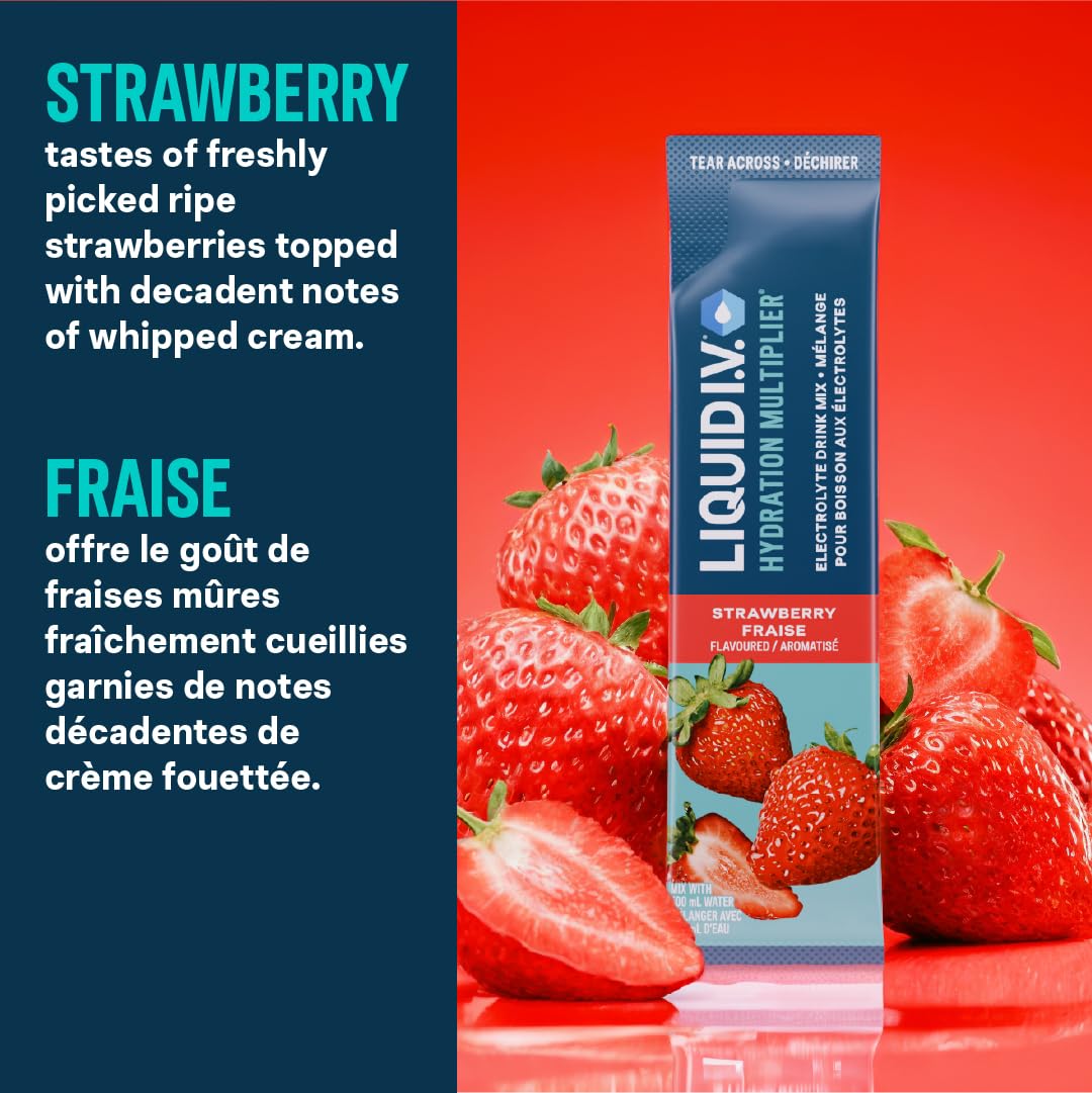 Liquid I.V. Hydration Multiplier Electrolyte Drink Mix - Enhanced Hydration Electrolyte Powder with Vitamins B3, B5, B6, B12 and C -18x On-the-go Sticks for Workout and Travel - Strawberry 🍁 All In One Marketplace Canada