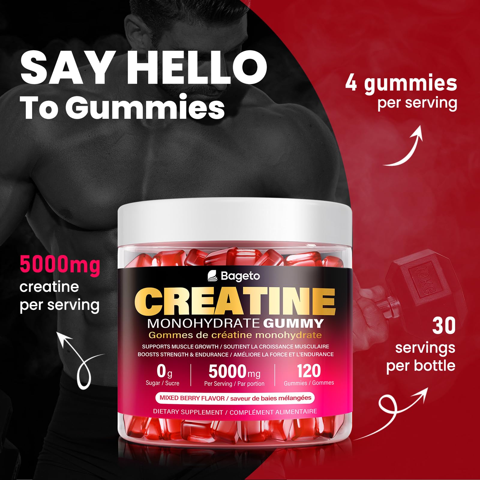Creatine Monohydrate Gummies 5000mg for Men & Women, Gomitas de 5g Creatine Monohydrate,120 Pre Workout Gummies for Muscle Strength, Mixedberry (Pack of 1) 🍁 All In One Marketplace Canada